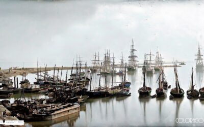 Vaixells en la boira en el port de València el 1870, a color